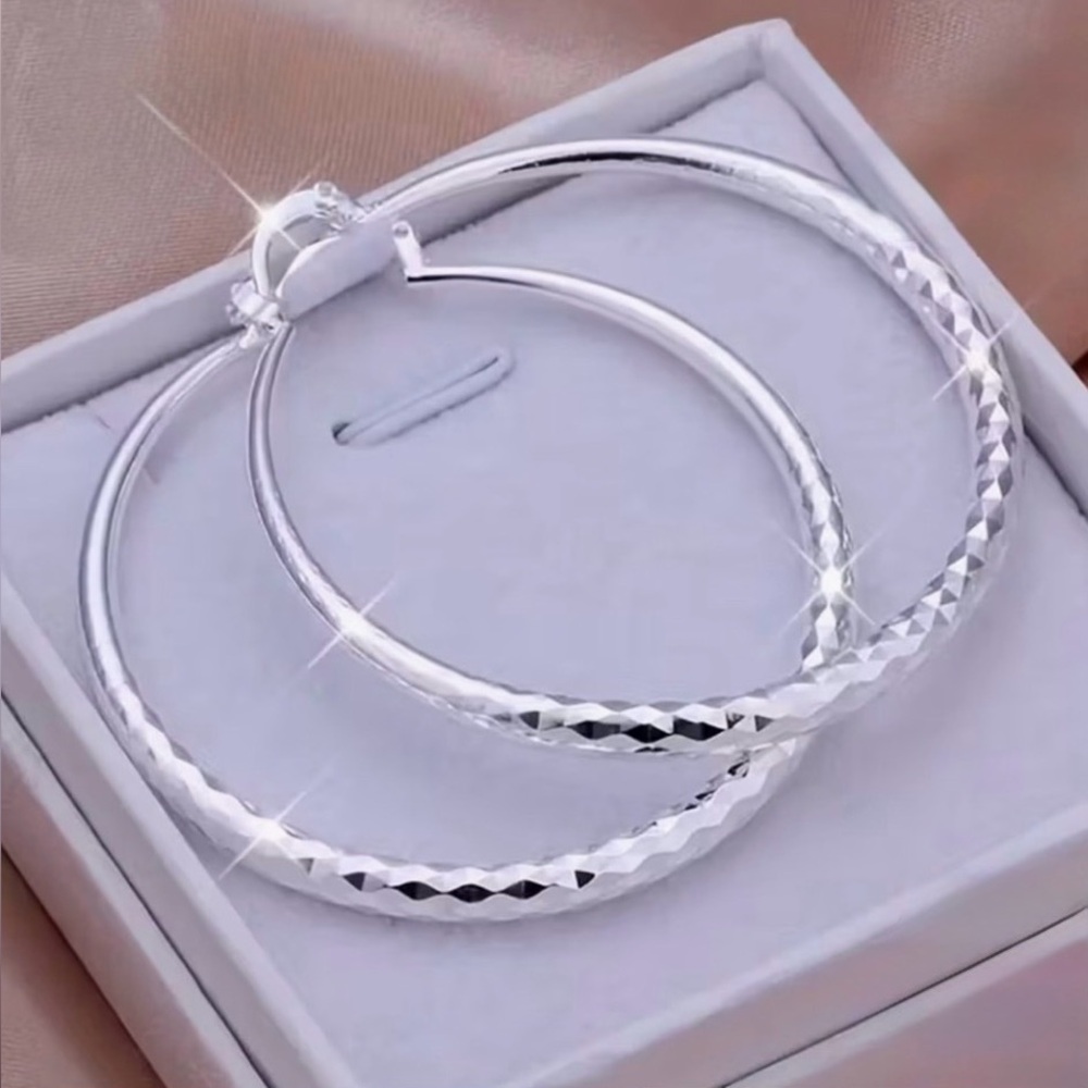 Silver Tone Diamond-Cut Hoop Earrings – 2” Large Statement Hoops